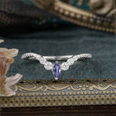 2 Prong Marquise & Round Cut Tanzanite Curved Wedding Band Stacking Ring